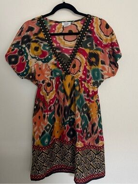 Charming Charlie Multicolor Ikat-Print Dress with Studded V-Neck